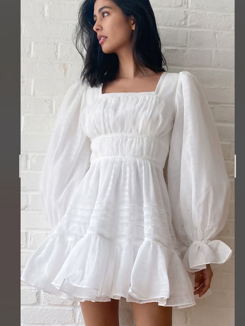 Aje White Square-Neck Mini Dress with Puff Bishop Sleeves..